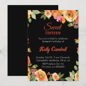 Zoete zestien roze/zwarte aquarel bloemenuitnodige kaart (Voorkant / Achterkant)