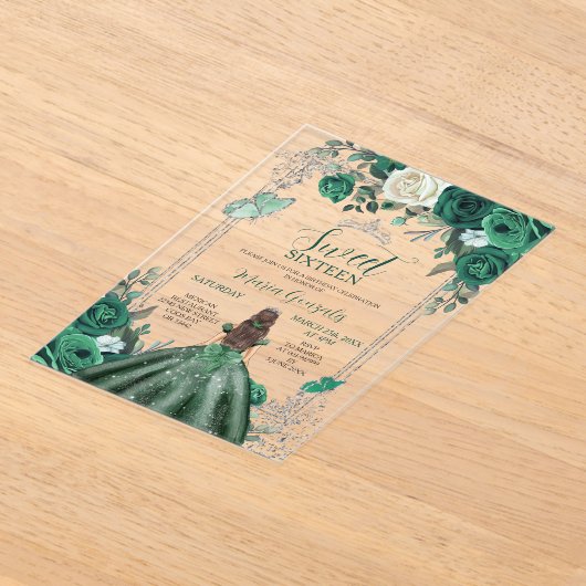 Zoete Zestien Smaragd Groen & Zilveren Verjaardag Acryl Uitnodigingen (Laagn)