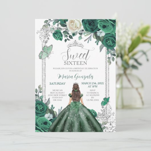 Zoete Zestien Smaragd Groen & Zilveren Verjaardag Kaart (Staand voorkant)