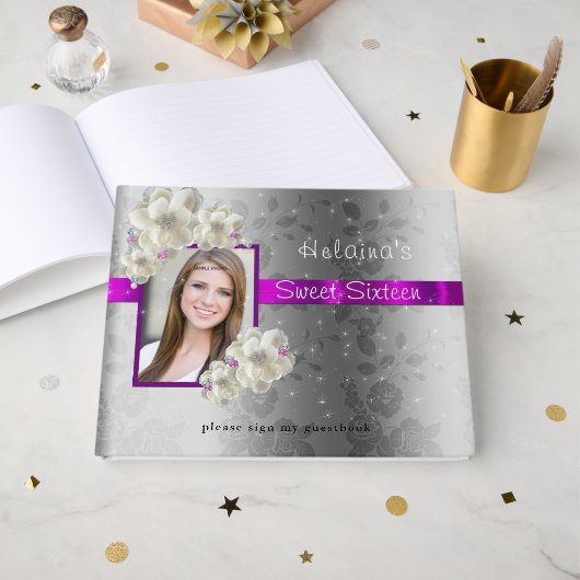 zoete zestien, sparkle, roze zatijnwitte rozen gastenboek (Voorkant open)
