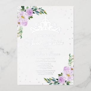 Zoete Zestien Tiara Lavendel Bloemen Zilver Folie Uitnodiging