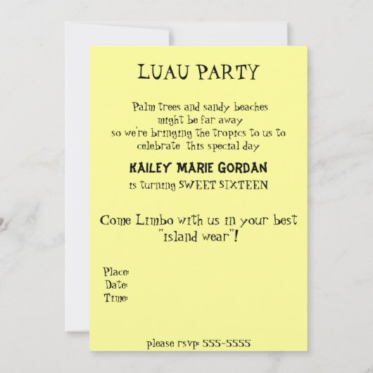 , zoete zestien, uitnodiging van Hawaiian Luau (Achterkant)