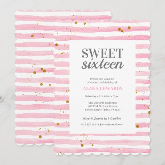Zoete Zestien Verjaardag Roze Streep Uitnodiging (Voorkant / Achterkant)