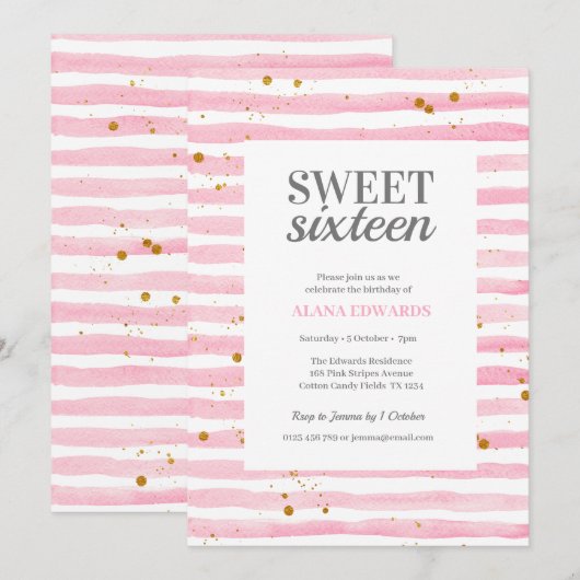 Zoete Zestien Verjaardag Roze Streep Uitnodiging (Voorkant / Achterkant)