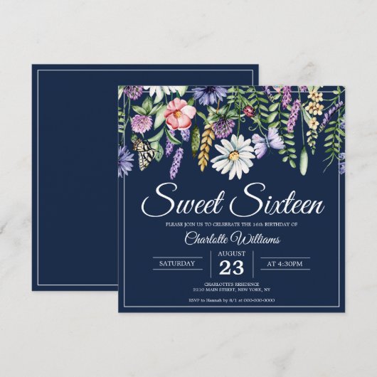 Zoete Zestien Wildbloemen Elegante 16e Verjaardag Kaart (Voorkant / Achterkant)