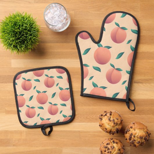 Zoete zomer perzik patroon ovenwant & pannenlap set (Top down)