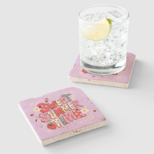 Zoete Zomer Tijd Coquette Aardbei Retro Strand  Stenen Onderzetter