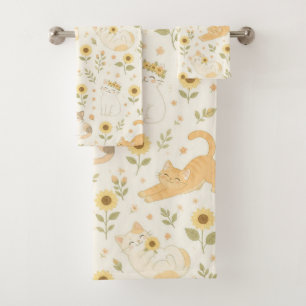 Zoete Zonnebloementuin en Gelukkige Katten Bad Handdoek