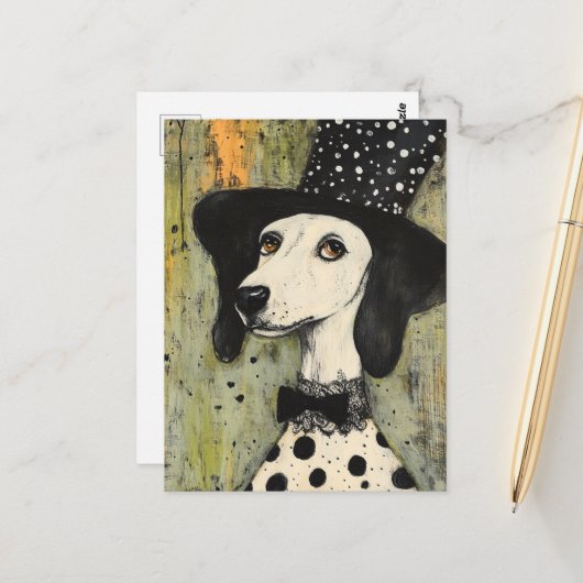 Zoete zwart-witte Polka Dot Dog in Tophat Briefkaart (Voorkant / Achterkant in situ)