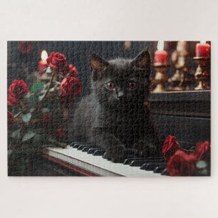 Zoete zwarte kat liggend op piano legpuzzel