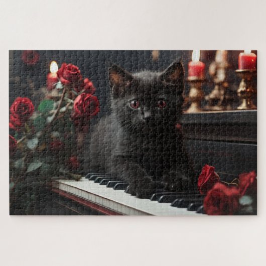 Zoete zwarte kat liggend op piano legpuzzel (Horizontaal)