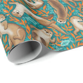 Zoete Zwemotters in Blauwgroen en Oranje Gouache Cadeaupapier (Rol Hoek)