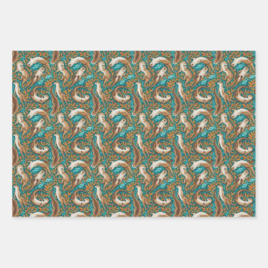 Zoete Zwemotters in Blauwgroen en Oranje Gouache Inpakpapier Vel (Voorkant 3)
