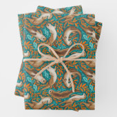 Zoete Zwemotters in Blauwgroen en Oranje Gouache Inpakpapier Vel (In situ)