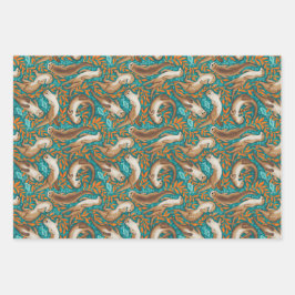 Zoete Zwemotters in Blauwgroen en Oranje Gouache Inpakpapier Vel