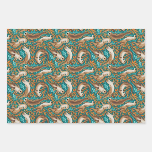 Zoete Zwemotters in Blauwgroen en Oranje Gouache Inpakpapier Vel (Voorkant)