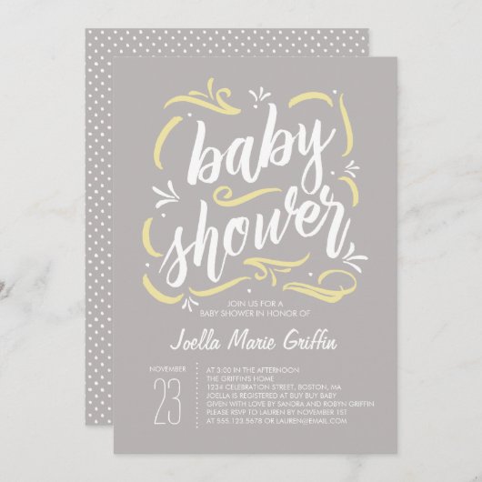 Zoetste uitnodiging voor grijs en geel Baby shower (Voorkant / Achterkant)