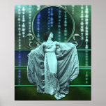 Zohara: Art Deco Woman in Aqua & Green Poster<br><div class="desc">Zohara in operajon en jas. Haar jas is met zijde beklede brocade,  haar jurk is zijde,  ruim geborduurd met metaaldraden. Ze staat tegen een achtergrond van kleurrijke gloeiende zijde met strengen mousserende sterren en regenboogglas in een metalen lijst.</div>