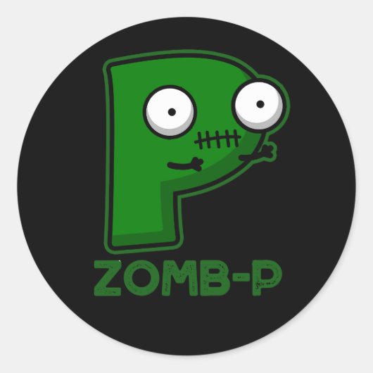 Zom-P Funny Zombie Alphabet P Pun Dark BG Ronde Sticker (Voorkant)