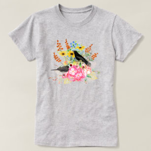 Zombestendige vogeltjes in de bloementuin, grijze  t-shirt