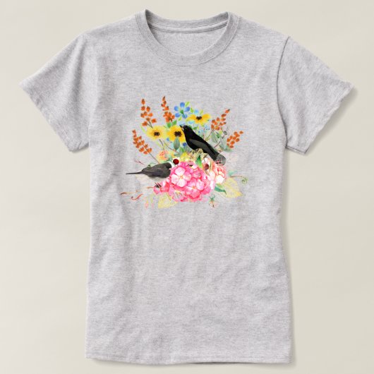 Zombestendige vogeltjes in de bloementuin, grijze  t-shirt (Design voorkant)
