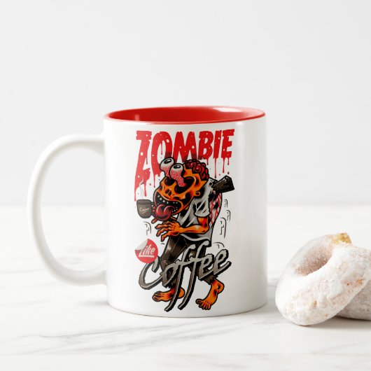 Zombie als koffie tweekleurige koffiemok (Met donut)