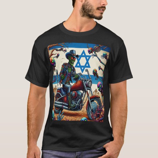 Zombie Biker in Apocalyptic Israeli Scene T-shirt (Voorkant)