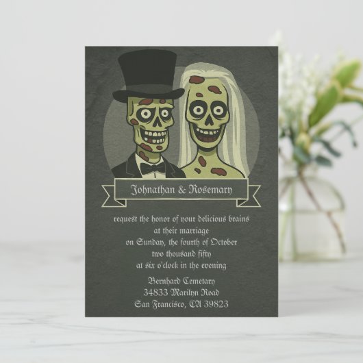 Zombie Bride & Groom Wedding Invitations Kaart (Staand voorkant)