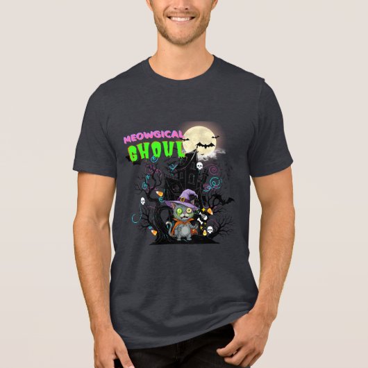 Zombie Cat "Meowgical Ghoul" Halloween Graphic Tri-Blend Shirt (Voorkant)