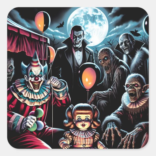 Zombie, Clown, Vamp en Haunted Doll Halloween Vierkante Sticker (Voorkant)