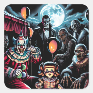 Zombie, Clown, Vamp en Haunted Doll Halloween Vierkante Sticker