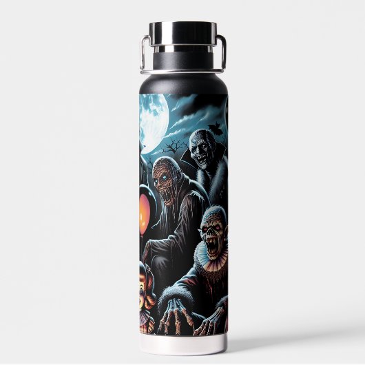 Zombie, Clown, Vamp en Haunted Doll Halloween Waterfles (Achterkant)