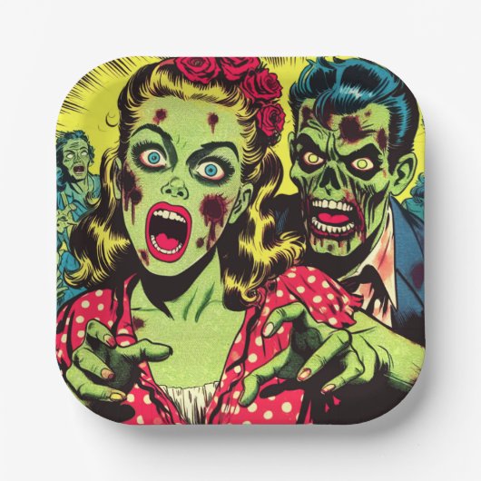 Zombie Couple Retro Comics Papieren Bordje (Voorkant)