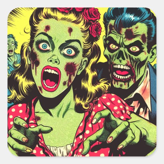 Zombie Couple Retro Comics Vierkante Sticker (Voorkant)