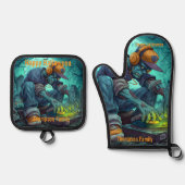 Zombie DJ Rave Halloween Party Vibes Ovenwant & Pannenlap Set (Voorkant)