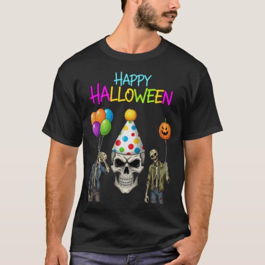 Zombie en schedel Halloween Party T-shirt (Voorkant)