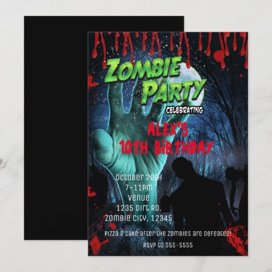 ZOMBIE FEESTJE Uitnodigingen voor Halloweenfeest (Voorkant / Achterkant)