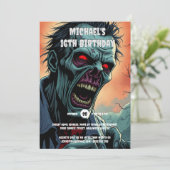 Zombie gezicht comic art monster spooky volwassene kaart (Staand voorkant)