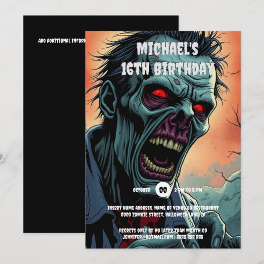 Zombie gezicht comic art monster spooky volwassene kaart (Voorkant / Achterkant)