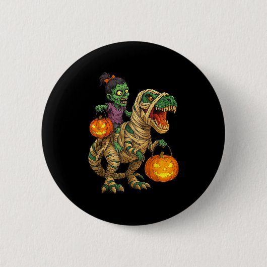 Zombie Girl Riding Mummy T Rex Halloween Kids Tric Ronde Button 5,7 Cm (Voorkant)