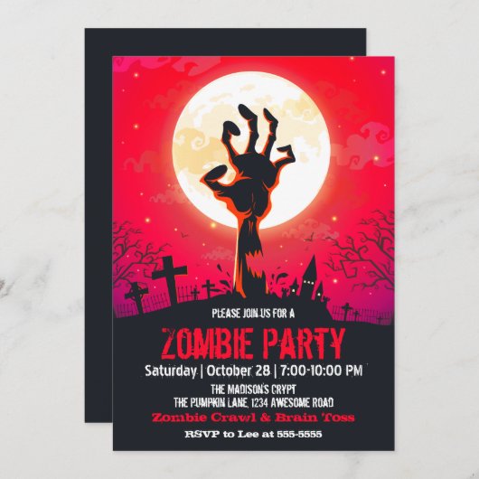 Zombie Graveyard Red Halloween Kaart (Voorkant / Achterkant)