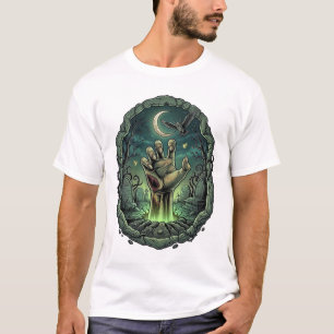 Zombie Hand Kerkhof Stenen Frame Uil Maan T-shirt