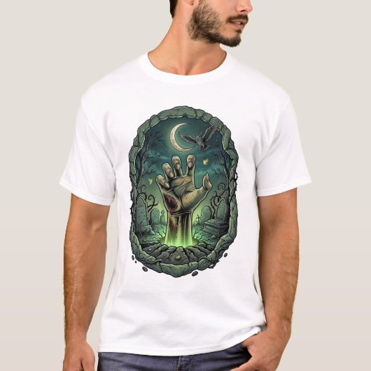 Zombie Hand Kerkhof Stenen Frame Uil Maan T-shirt (Voorkant)