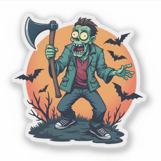 Zombie Holding Axe Creepy Halloween Design Sticker (Voorkant)