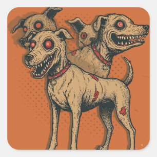 Zombie Hond Hydra Meerkoppige Ondead Puppy Horror Vierkante Sticker