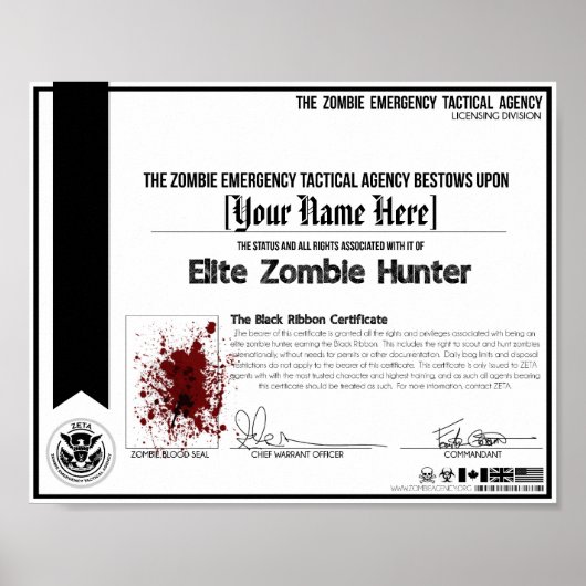 Zombie Hunter Certificate - ZETA Poster (Voorkant)