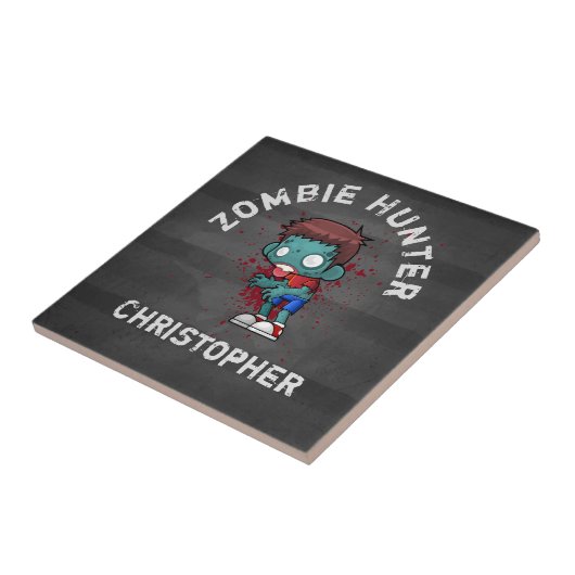 Zombie Hunter met bloedplaatje crème Tegeltje (Zijkant)