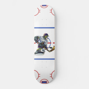 Zombie-ijshockeyspeler midden op het ijs eet de pu persoonlijk skateboard