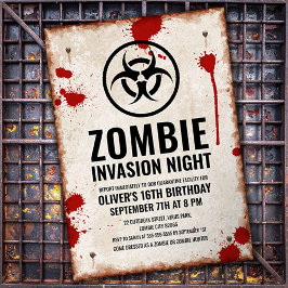 Zombie-invasie met bloedvlekken en roestig bord kaart