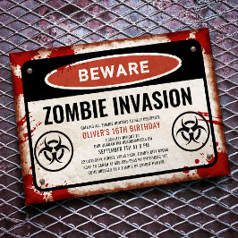 Zombie invasiefeest met roestig gevarenschild kaart
